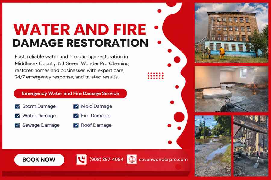 Water and fire damage restoration services in New Jersey by Seven Wonders Pro Cleaning, showing storm, water, mold, and fire damage cleanup.