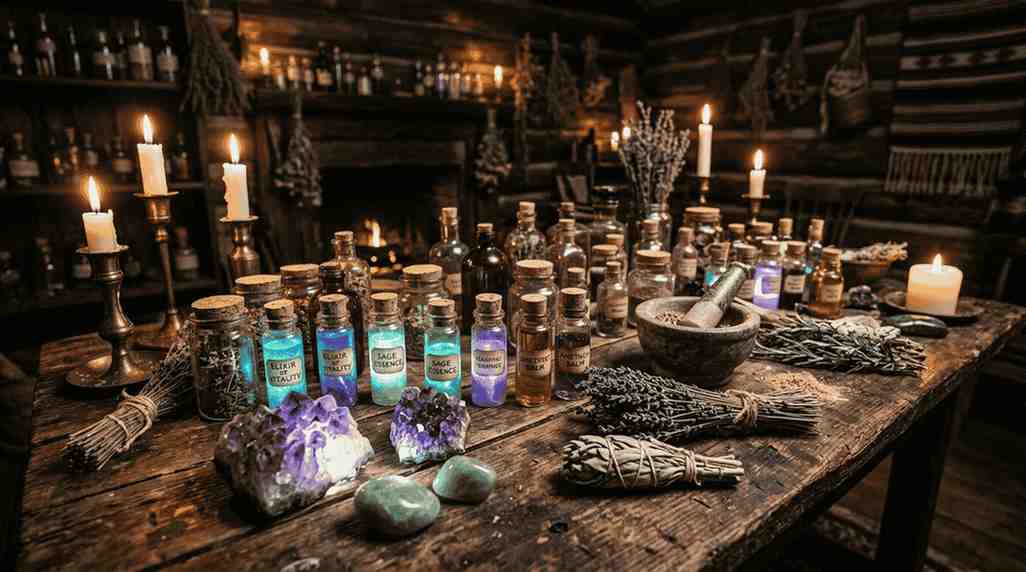 A mystical apothecary table featuring glowing potion bottles, lit candles, amethyst crystals, and bundles of dried lavender and sage.