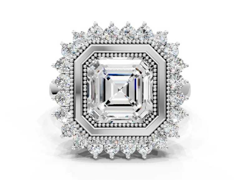White Gold Asscher Halo Diamond Ring with Milgrain Edge