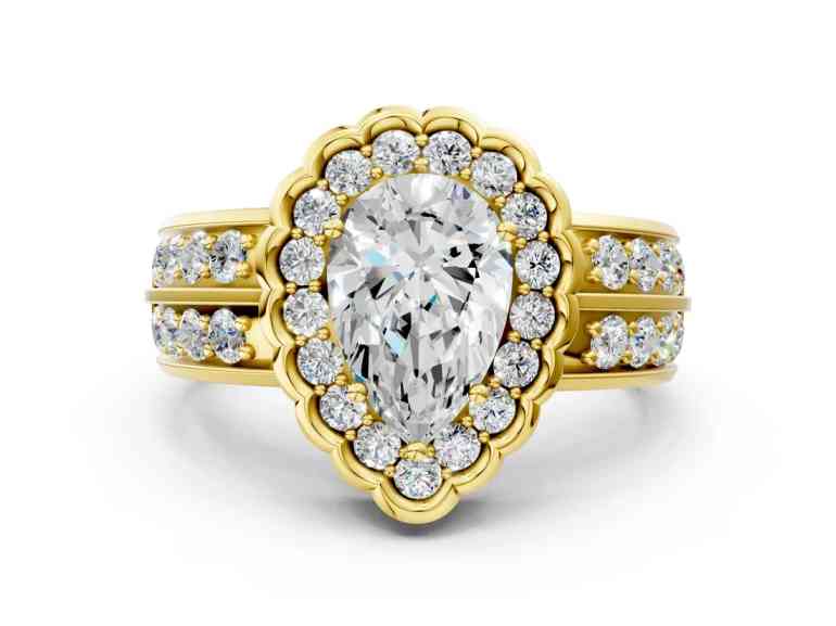 Yellow Gold Pear Cut Halo Diamond Split Shank Ring