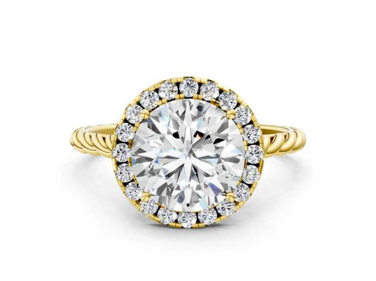 Round Halo Twisted Band Four Prong Diamond Ring
